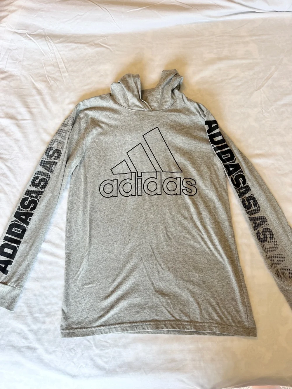 adidas Boy’s Light Gray Hoodie with Black Logo and Sleeve Text